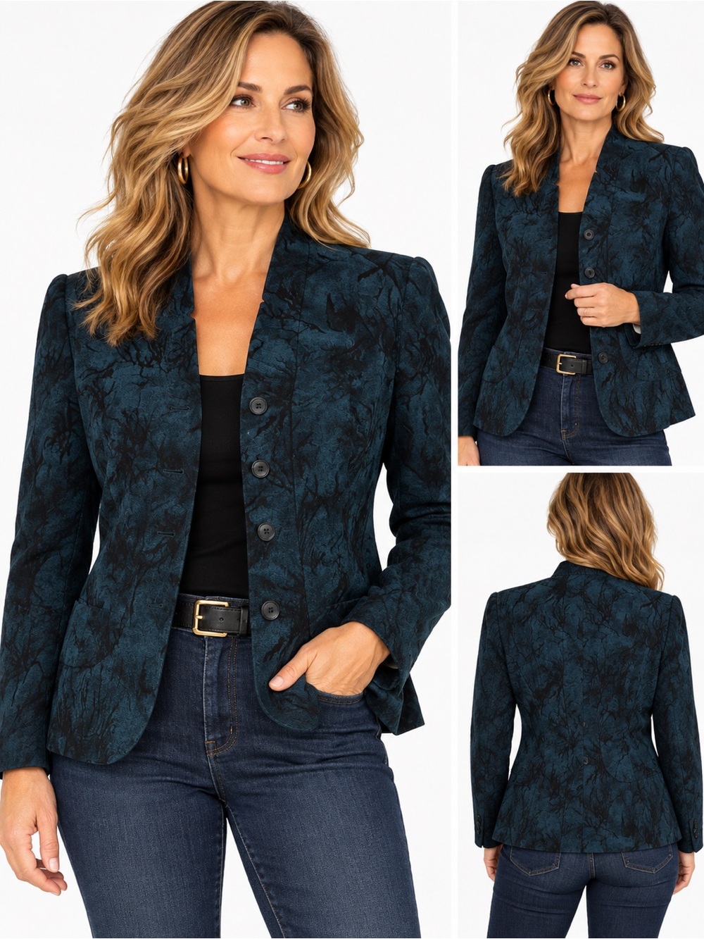 Vintage Coldwater Creek Teal Black Jacquard Blazer Jacket L 14-16 Y2K